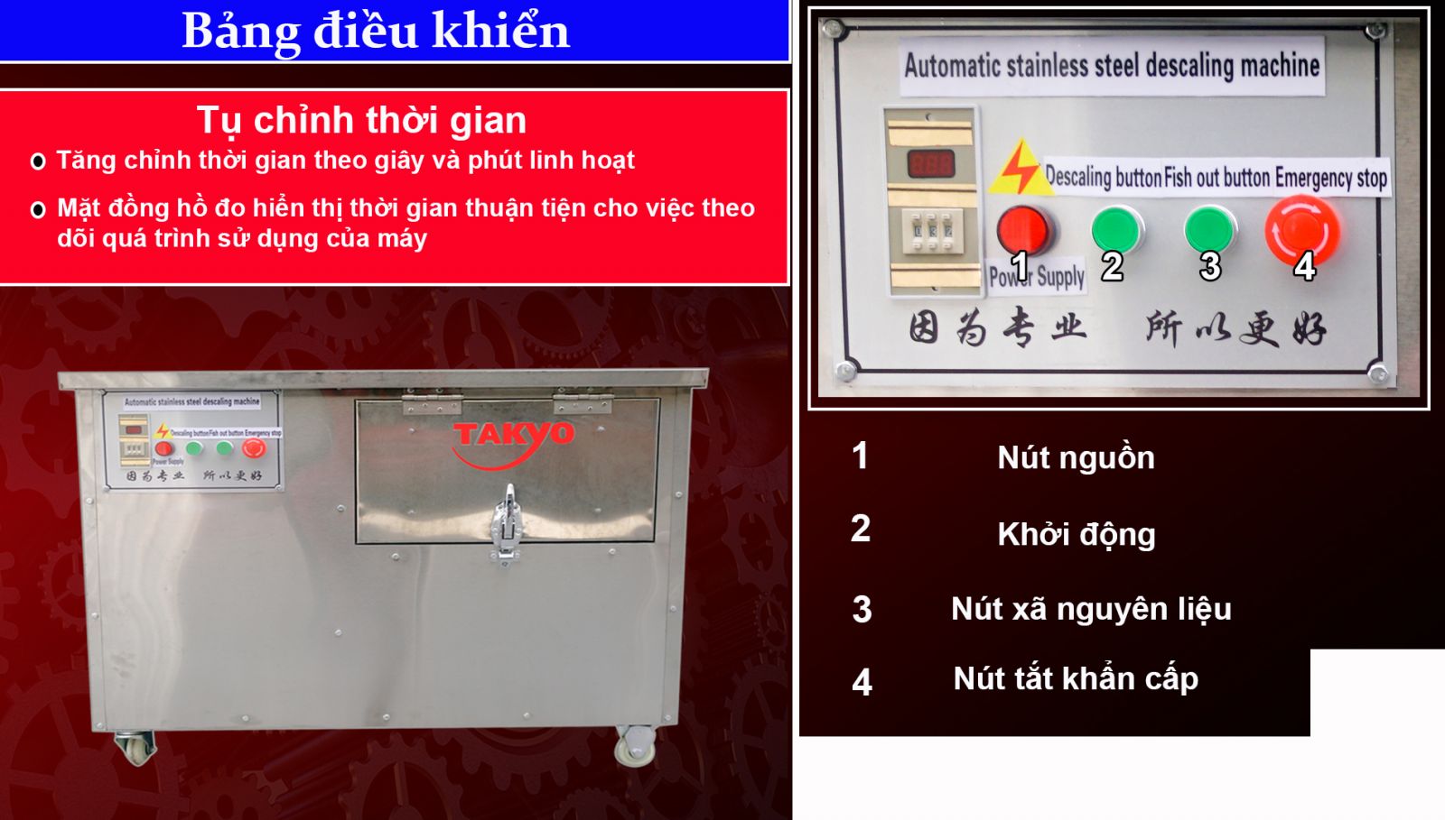 Bảng điều khiển máy đánh vảy cá lóc Takyo TK 500