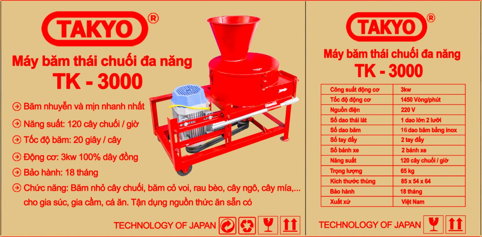 Thông số kỹ thuật máy xay cây chuối Takyo TK3000