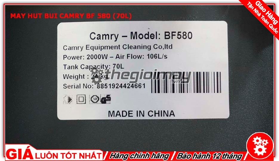 Thông số máy hút bụi Camry 580( 70L)