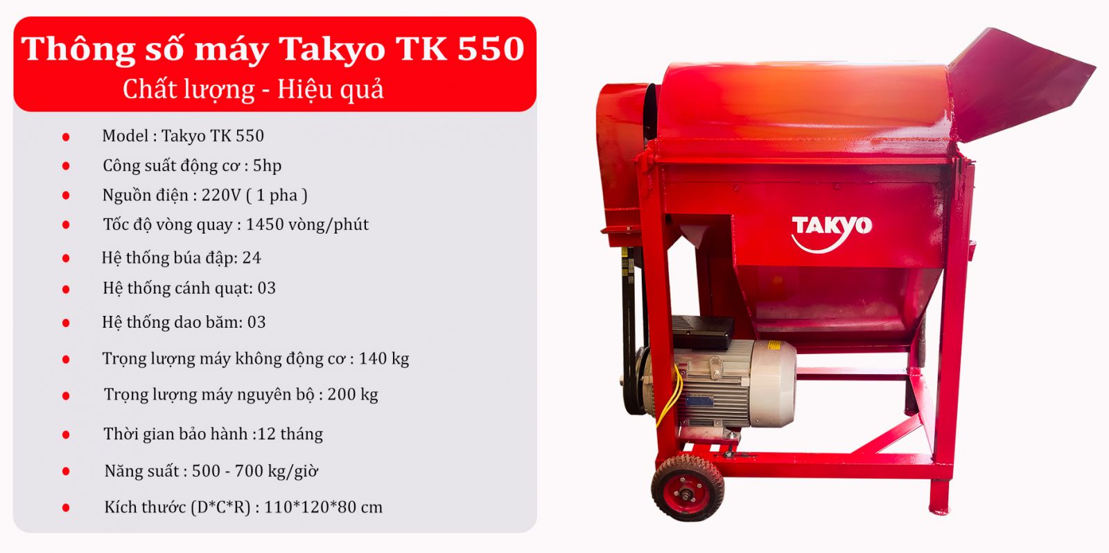 Thông số kỹ thuật máy băm xơ dừa Takyo TK 550