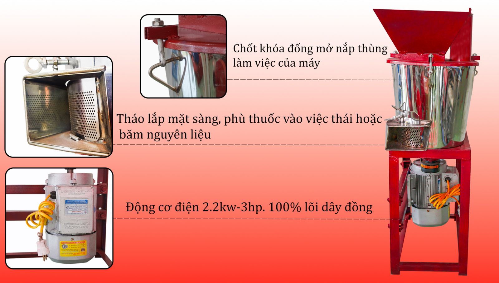 Động cơ máy và mặt sàng máy băm nghiền thùng inox Takyo TK22