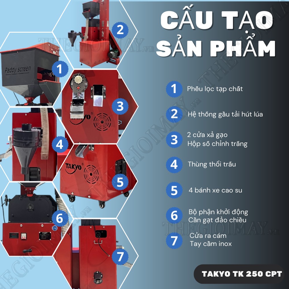 Cấu tạo nổi bật của máy xát gạo hiện đại Takyo TK 250 CPT
