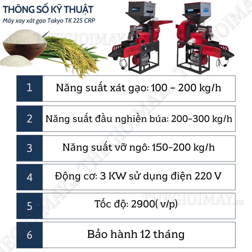 Thông số của máy xát gạo nghiền bột Takyo TK 225 CRP 