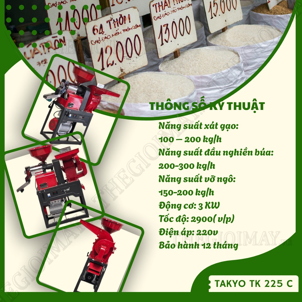 Thông số của máy xát lúa gạo Takyo TK 225 C