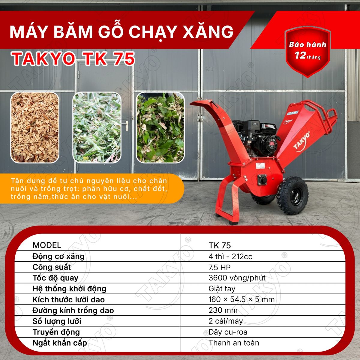 Thông số kỹ thuật máy băm gỗ chạy xăng TAKYO TK 75