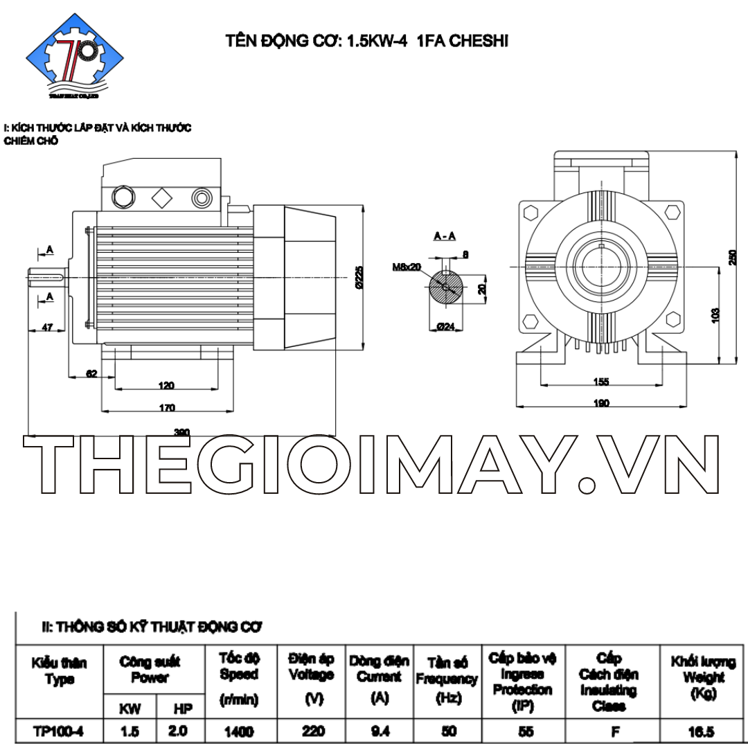 Thương hiệu motor: Chesi  Vỏ động cơ: Vỏ gang  Công suất: 1.5 kW, 2 HP  Tốc chậm: 1490 vòng/phút.  Cấp cách điện: F  Cấp bảo vệ: IP55  Tiêu chuẩn sản xuất: TCVN 6627-1:2014  Nguồn điện: 1 pha, tần số: 50 Hz  Trọng lượng motor: 16.5 Kg  Thời gian bảo hành: 12 tháng  Loại bảo hành: Bảo hành nhà sản xuất.