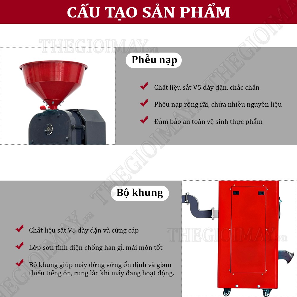 Máy xát gạo mini Takyo TK 250 C được thiết kế tay cầm và bánh xe tiện lợi cho việc di chuyển