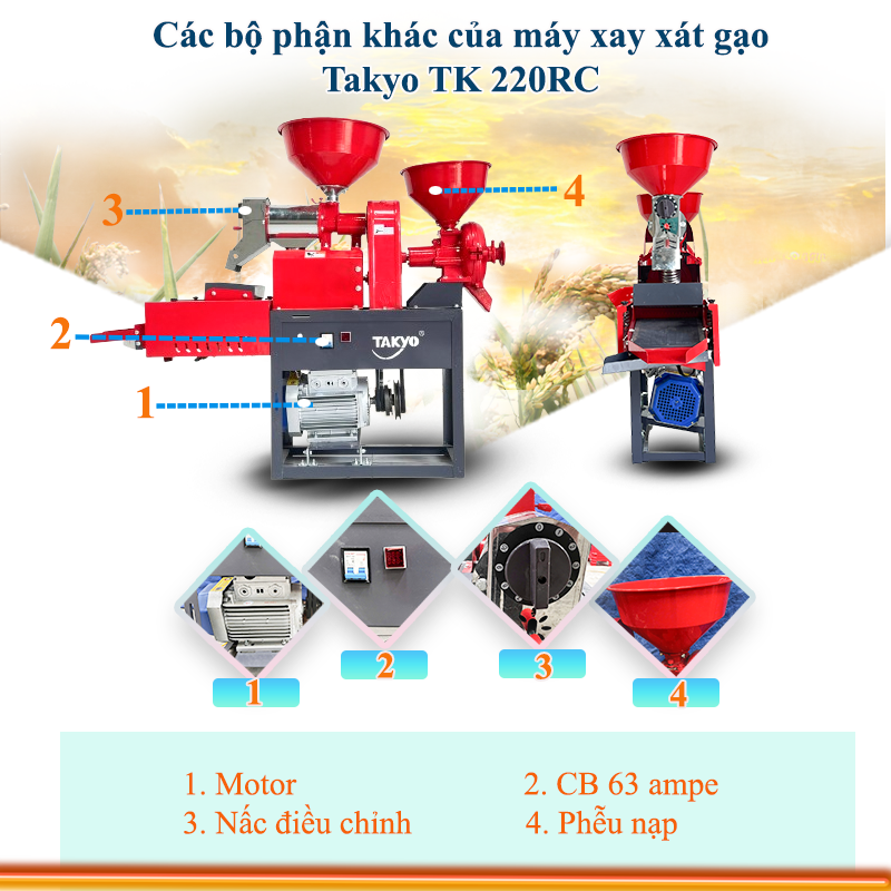 Motor của của máy xay xát gạo hai chức năng Takyo TK 220 CR Motor: Phần motor của dòng máy xay xát gạo hai chức năng TK 220 CR là lõi dây đồng và công suất lên đến 3 kW – 4 hp , tốc nhanh 2900 vòng/phút, đây là motor điện 1 pha sử dụng nguồn điện 220 V vì thế bất cứ hộ gia đình nào đều có thể sử dụng dòng máy dễ dàng mà không cần phải nâng cấp lên nguồn điện 3 pha, motor dẫn điện tốt mà còn tiết kiệm điện giúp máy vận hành vô cùng khỏe khoắn và ổn định.