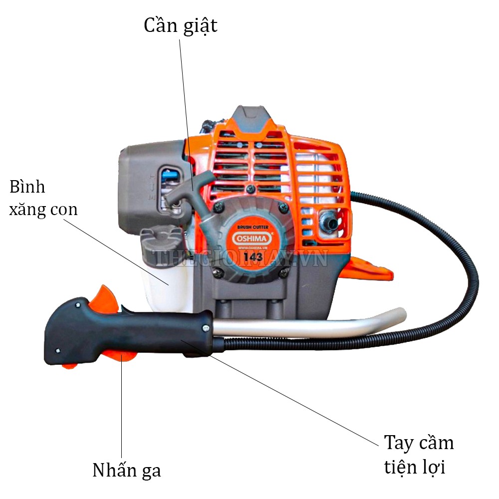 Máy cắt cỏ Oshima 143 cần rời chết sử dụng động cơ xăng 2 thì