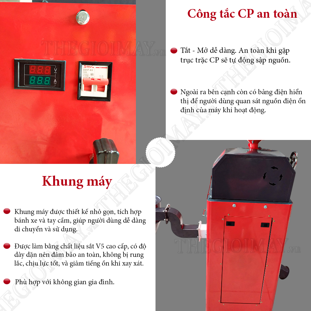 Bộ khung của máy xay xát gạo Takyo TK 250 được làm từ sắt V5 chắc chắn, giúp máy vận hành ổn định.