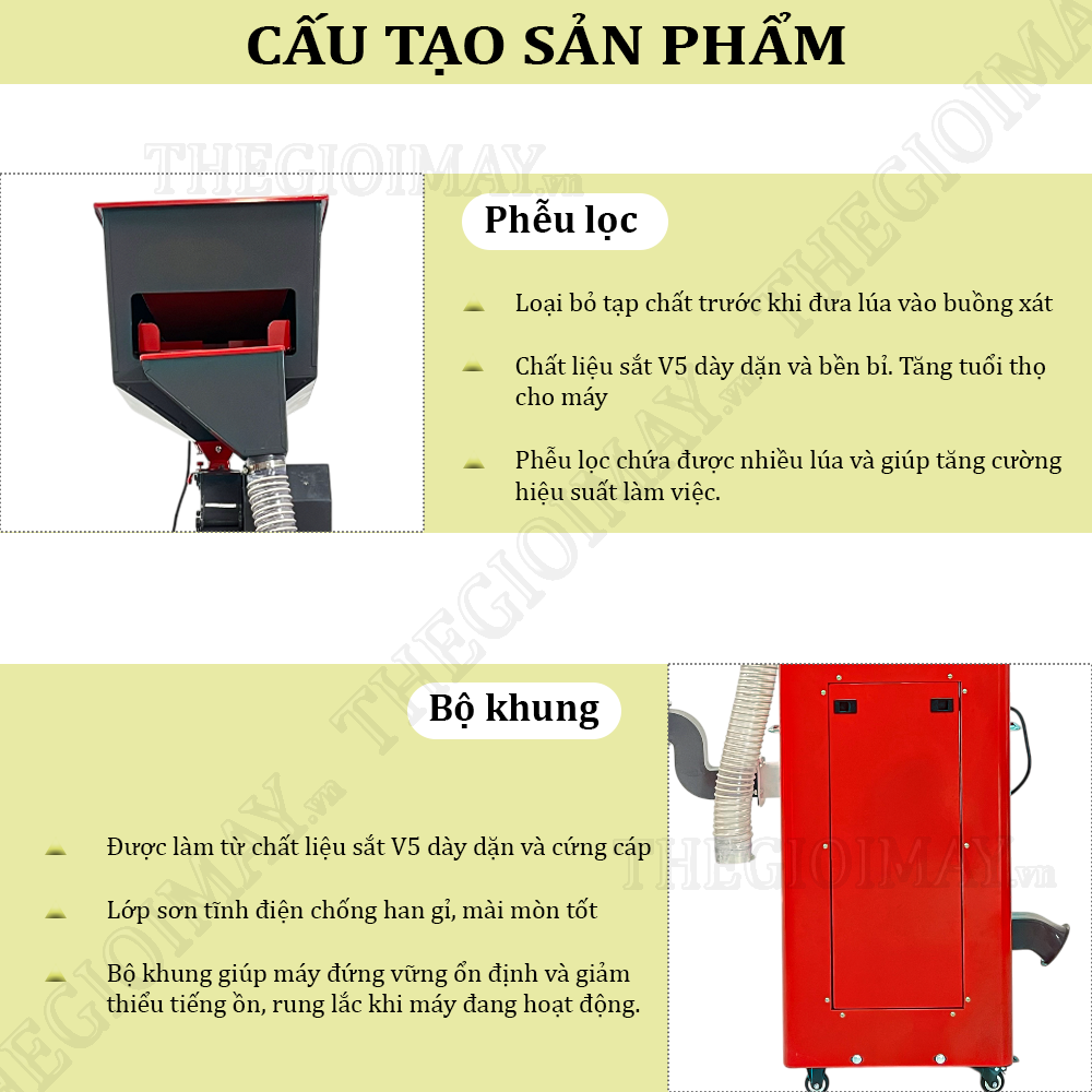 Máy xay xát gạo Takyo TK 250 CP trang bị phễu lọc và khung máy dày dặn giúp máy hoạt động bền bỉ 