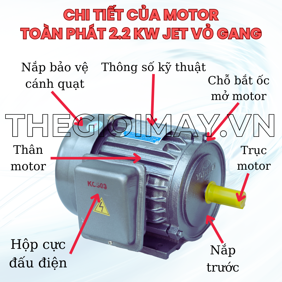 Cấu tạo của motor Toàn Phát 2.2 kW JET vỏ gang bao gồm: vỏ động cơ, stator, rotor, bánh răng, chân đế.