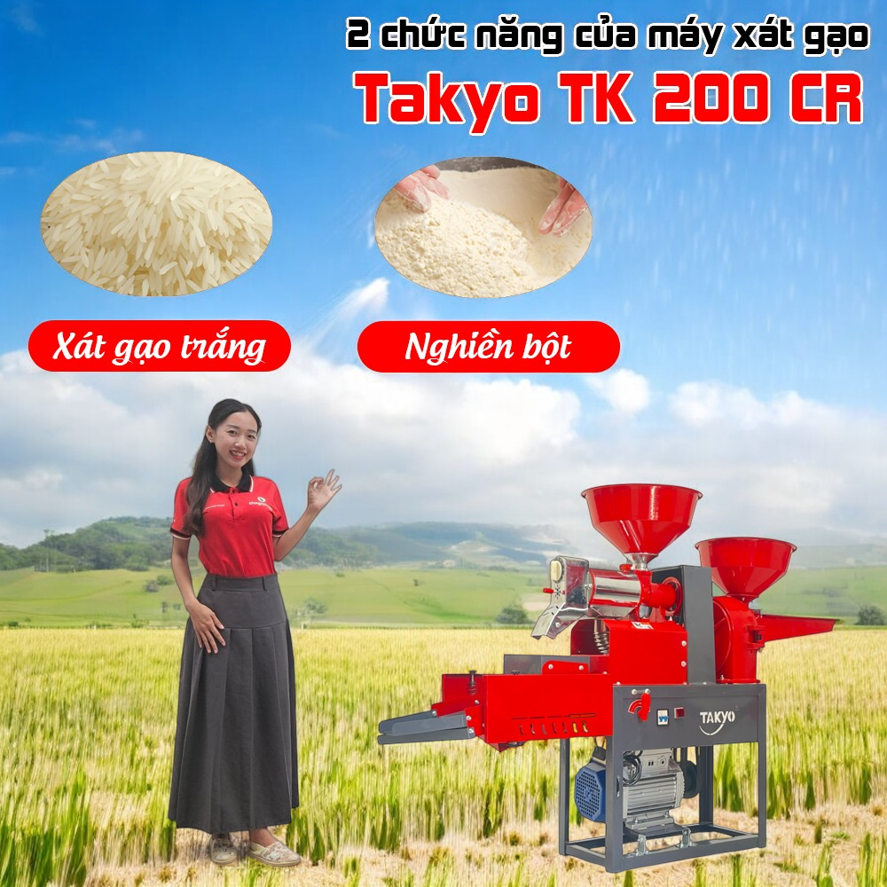 Máy xay xát gạo Takyo TK 200 CR vừa có thể xát gạo trắng vừa có thể nghiền trấu cám thành dạng mịn