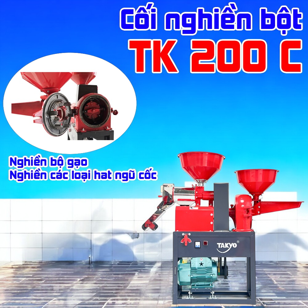 Máy xát gạo Takyo TK 200 C được tích hợp đầu nghiền giúp nghiền mịn trấu cám phục vụ cho chăn nuôi 