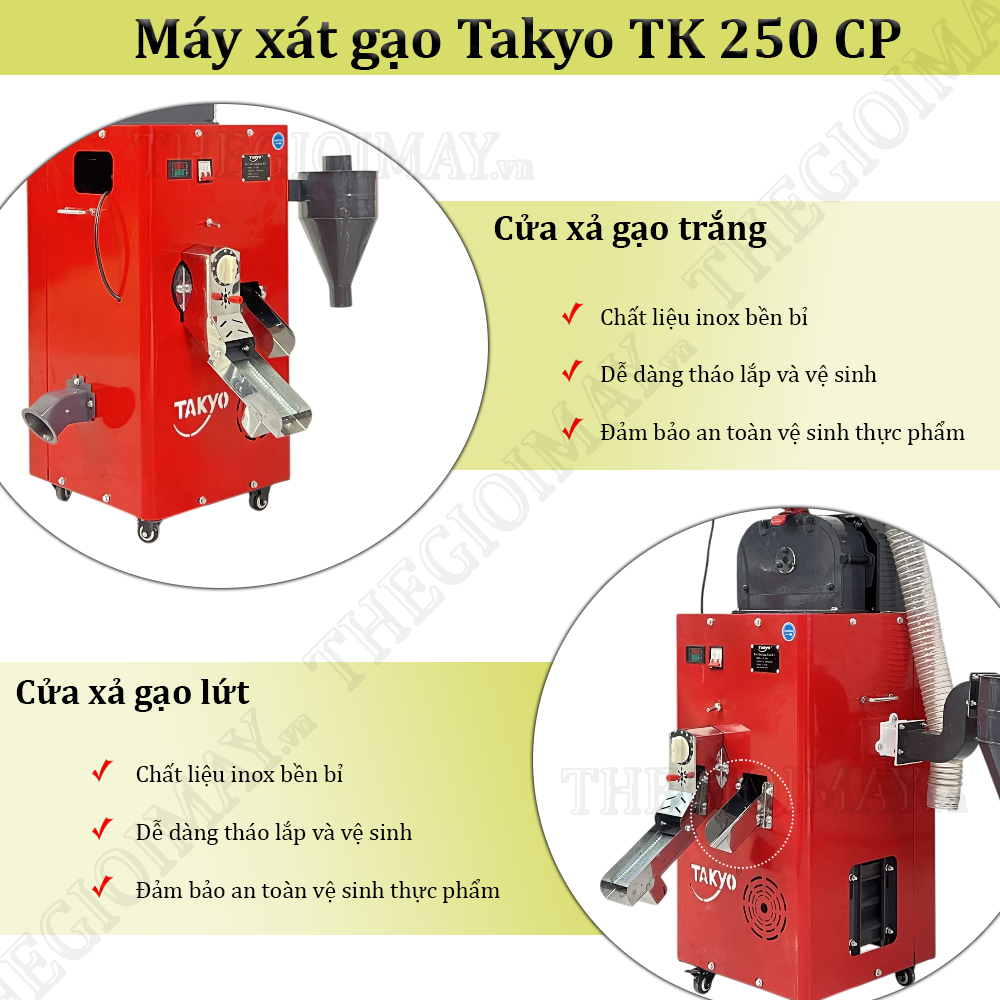 Máy xát gạo liên hoàn Takyo TK 250 CP thiết kế hai cửa xả riêng biệt cho gạo lứt và gạo trắng