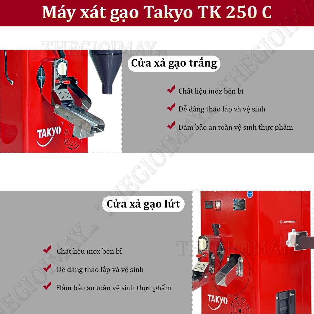 Máy xát gạo trắng Takyo TK 250 C có cấu tạo với 2 cửa xả, 1 bên là cửa xả gạo trắng và 1 bên là cửa xả gạo lứt.