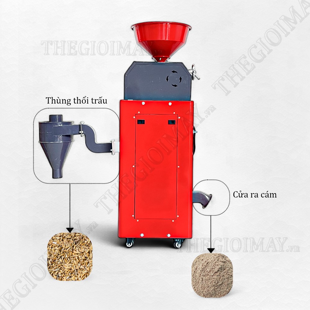 Máy xay xát gạo Takyo TK 250 C được thiết kế 2 đường ra trấu và cám riêng biệt đảm bảo trấu và cám không lẫn vào nhau.