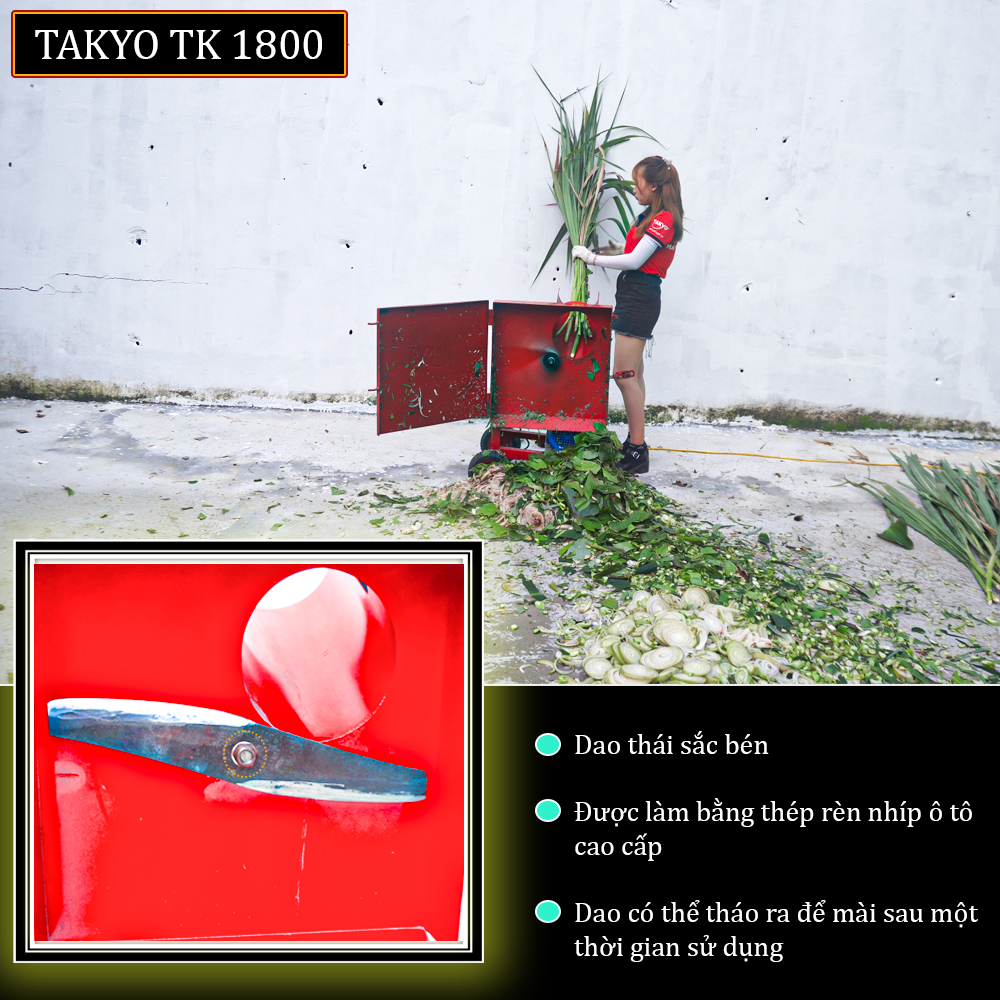 Máy thái rau muống Takyo TK 1800 cho thành phẩm đều, mỏng. Đặc biệt không bị dập, chảy nước.