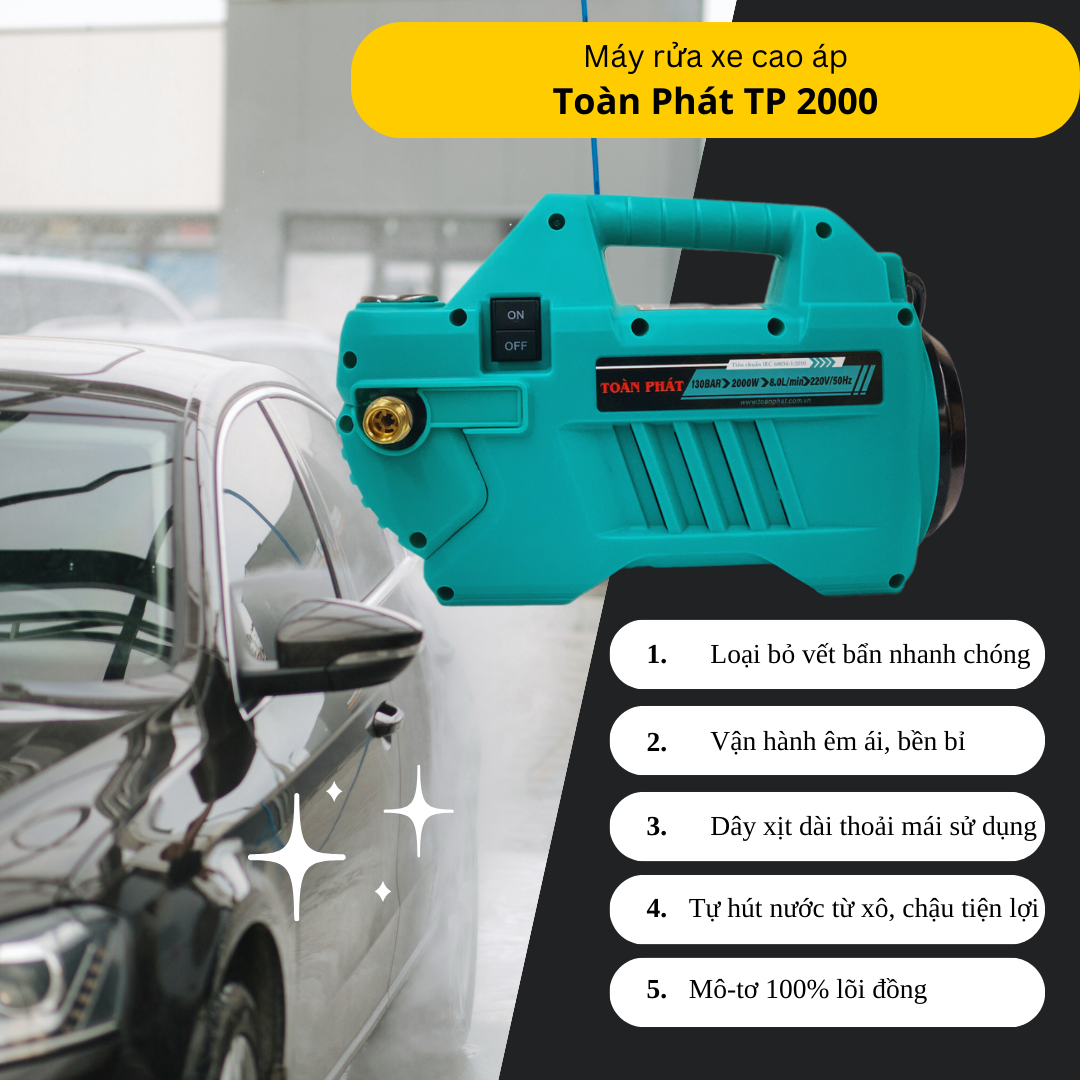 Máy rửa xe cao áp Toàn Phát TP 2000 có nhiều ưu điểm nổi trội như máy trang bị công suất mạnh mẽ lên đến 2000W với mô-tơ 100% lõi đồng