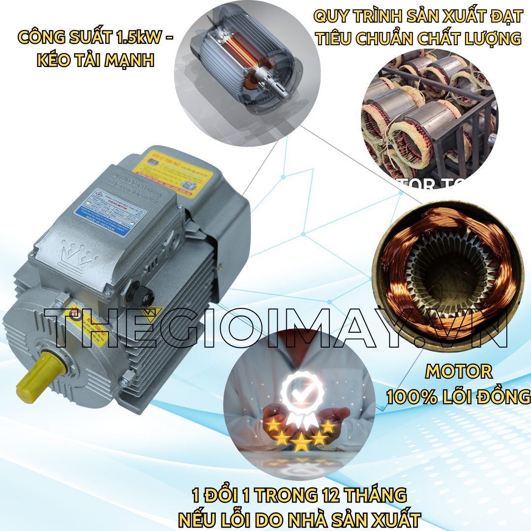 Ưu điểm của motor Chesi 1.5 kW 1490 vòng/phút vỏ nhôm: Motor được trang bị công suất 1.5 kW, tương đương 2 HP là công suất vừa phải để phục vụ cho các nhu cầu như bơm nước, tưới tiêu, kết  hợp đầu xịt để phun thuốc. Có đường kính trục là 24 mm rất thông dụng với các phụ tùng trên thị trường và dễ dàng lắp ráp. Vỏ của động cơ được làm bằng hợp kim nhôm chịu lực, chịu được nhiệt độ cao. ROTO được đúc bằng máy đúc áp lực cao, gia công tỷ mĩ và chi tiết trên dây chuyền CNC.