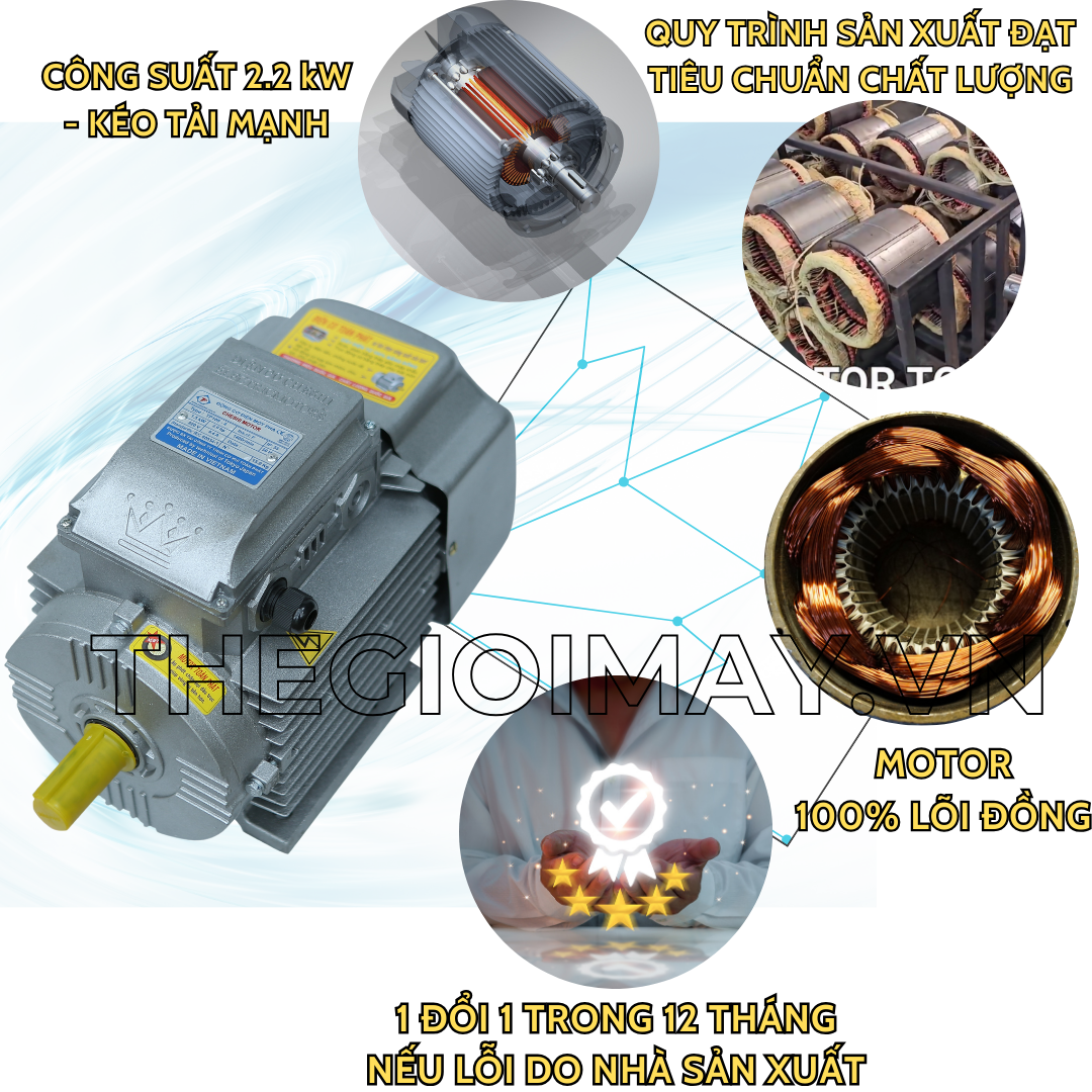 Điểm nổi bật của motor lõi đồng Chesi 2.2 kW 1490 vòng/phút: Hiệu năng của motor thì trang bị công suất lên đến 2.2 kw, tương đương với 3 HP rất phù hợp cho lắp đặt vào các máy hoạt động vừa phải như lắp với đầu xịt 2 HP để  phun thuốc và các dòng máy băm chuối, băm cỏ phục vụ trong việc chuẩn bị thức ăn cho vật nuôi, ngoài ra động cơ còn được ứng dụng phổ biến trong đời sống hằng ngày như làm động cơ cho máy nén khí, bơm nước, tưới tiêu