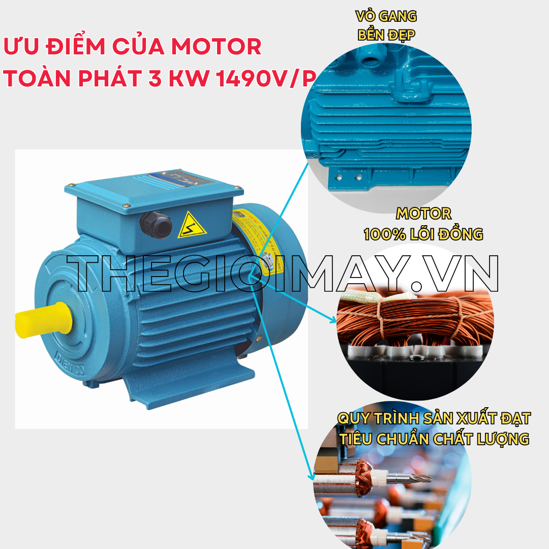 Ưu điểm của motor 1 pha Toàn Phát 3 kW 1490 vòng/phút vỏ gang: Đầu tiên là motor trang bị công suất 3 kW, tốc chậm từ đó động cơ rất phù hợp lắp vào máy bơm nước, nén khí, bộ phun thuốc hoặc rửa xe, ứng dụng động cơ điện 1 pha vào đời sống hằng ngày.  Motor mang thương hiệu Toàn Phát- xứng đáng là hàng Việt Nam chất lượng cao. Motor được sản xuất trên dây chuyền hiện đại, mỗi sản phẩm đều được chứng nhận Quốc Tế ISO 9001-2015, 14001-2015.  Sử dụng nguồn điện gia đình 1 pha 220 V nên vô cùng tiết kiệm điện.  Vỏ động cơ được làm bằng gang nên có hoạt động tốt kể cả môi trường ẩm ướt hoặc có nhiều bụi bẩn.