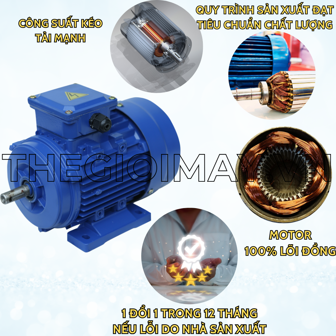 Ưu điểm của motor công nghiệp 3 pha Toàn Phát 0.25 kW 3000 vòng/phút: Hiệu suất cao, mô men mở máy khỏe. Tiếng ồn và độ rung thấp, kiểu dáng hình thức đẹp. Kích thước lắp đặt và dãy công suất phù hợp với tiêu chuẩn IEC.Chất lượng Quốc tế ISO 9001:2015, 14001-2015