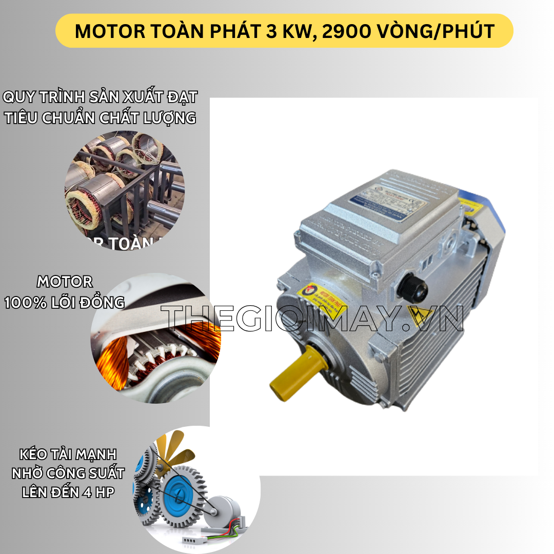 Ưu điểm của motor chính hãng Toàn Phát 3 kW 2900 vòng/phút: Motor có trục làm bằng thép nên hoạt động vô cùng khỏe khoắn. Ngoài ra, vỏ của máy được làm bằng hợp kim nhôm chịu lực, chịu được nhiệt độ cao, ROTO được đúc bằng máy đúc áp lực cao, gia công tỷ mĩ và chi tiết trên dây chuyền CNC. Motor được sản xuất trên dây chuyền hiện đại, mỗi sản phẩm đều được chứng nhận Quốc Tế ISO 9001-2015, 14001-2015. Lõi motor 100% lõi đồng, nên quá trình motor hoạt động vô cùng mạnh mẽ và ổn định, chạy đầm, ít gây tiếng ồn cùng với đó tuổi thọ cao hơn so với các loại mô tơ quấn bằng nhôm trên thị trường.