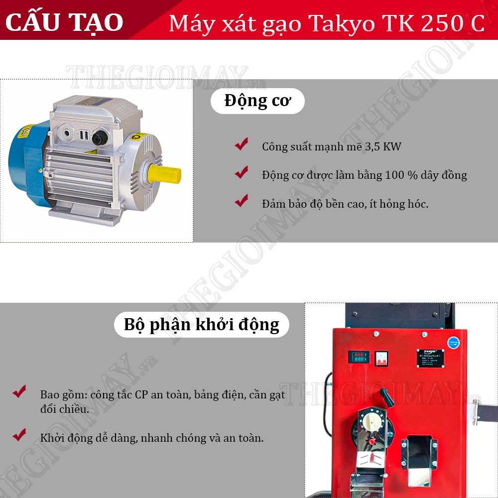 Máy xát gạo năng suất cao Takyo TK 250 C hoạt động mạnh mẽ với công suất 3,5KW