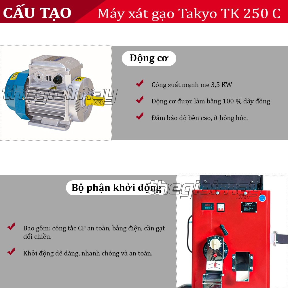 Máy xát gạo năng suất cao Takyo TK 250 C hoạt động mạnh mẽ với công suất 3,5KW