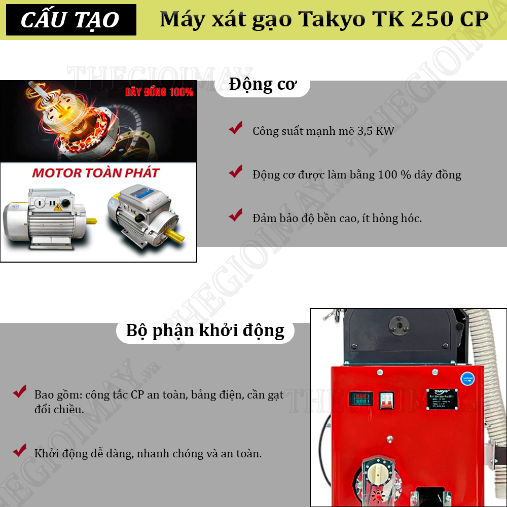 Máy xát gạo một pha Takyo TK 250 CP sử dụng công suất 3,5 KW