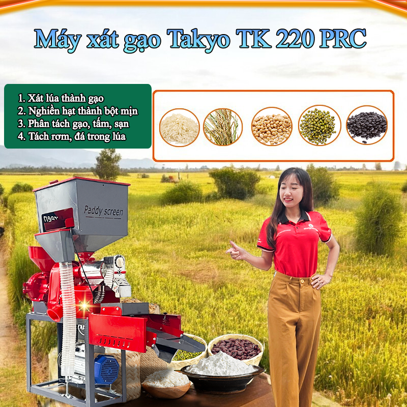 Máy xát gạo Takyo TK 220 CRP là dòng máy xay xát gạo đa năng 4 TRONG 1 khi tích hợp đầu xát giúp bà bà xát lúa ra gạo trắng, đầu nghiền trấu thành cám mịn, sàng rung để bà con phân tách gạo, tấm, sạn, và phễu lọc tạp chất để lọc sạch rơm rạ, sỏi đá lẫn trong lúa. Đây là dòng máy thích hợp cho các hộ gia đình muốn chủ động trong việc xát gạo tại nhà mà còn phù hợp khi chăn nuôi gia súc, gia cầm.