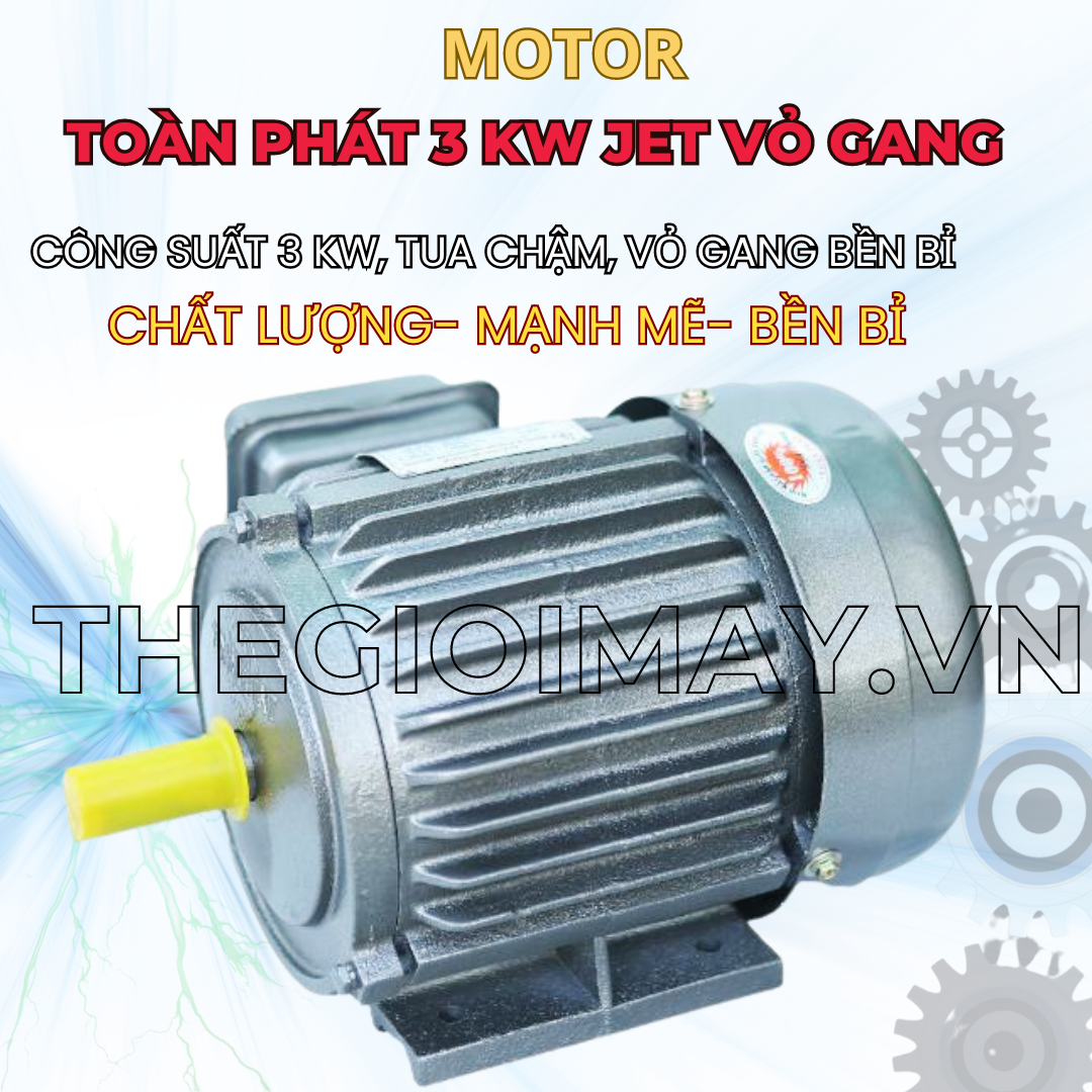 Motor Toàn Phát 3 kW JET vỏ gang là dòng động cơ điện một pha có công suất lên đến 3 kW, tương đương với 4 ngựa. Motor có cấu tạo đơn giản và nhỏ gọn giúp người sử dụng dễ dàng lắp ráp và di chuyển. Động cơ được sản xuất trên dây chuyền hiện đại CNC, đạt tiêu chuẩn sản xuất chất lượng theo tiêu chuẩn Việt Nam, được quấn từ 100% dây đồng nên motor chạy êm, ổn định, không tiếng ồn và không bị rung lắc. 