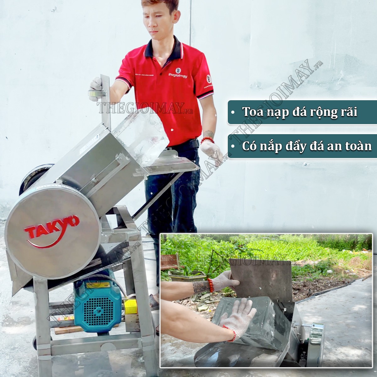 Máy xay nước đá muối tôm có thiết kế toa nạp rộng rãi, chất liệu inox 304 cao cấp