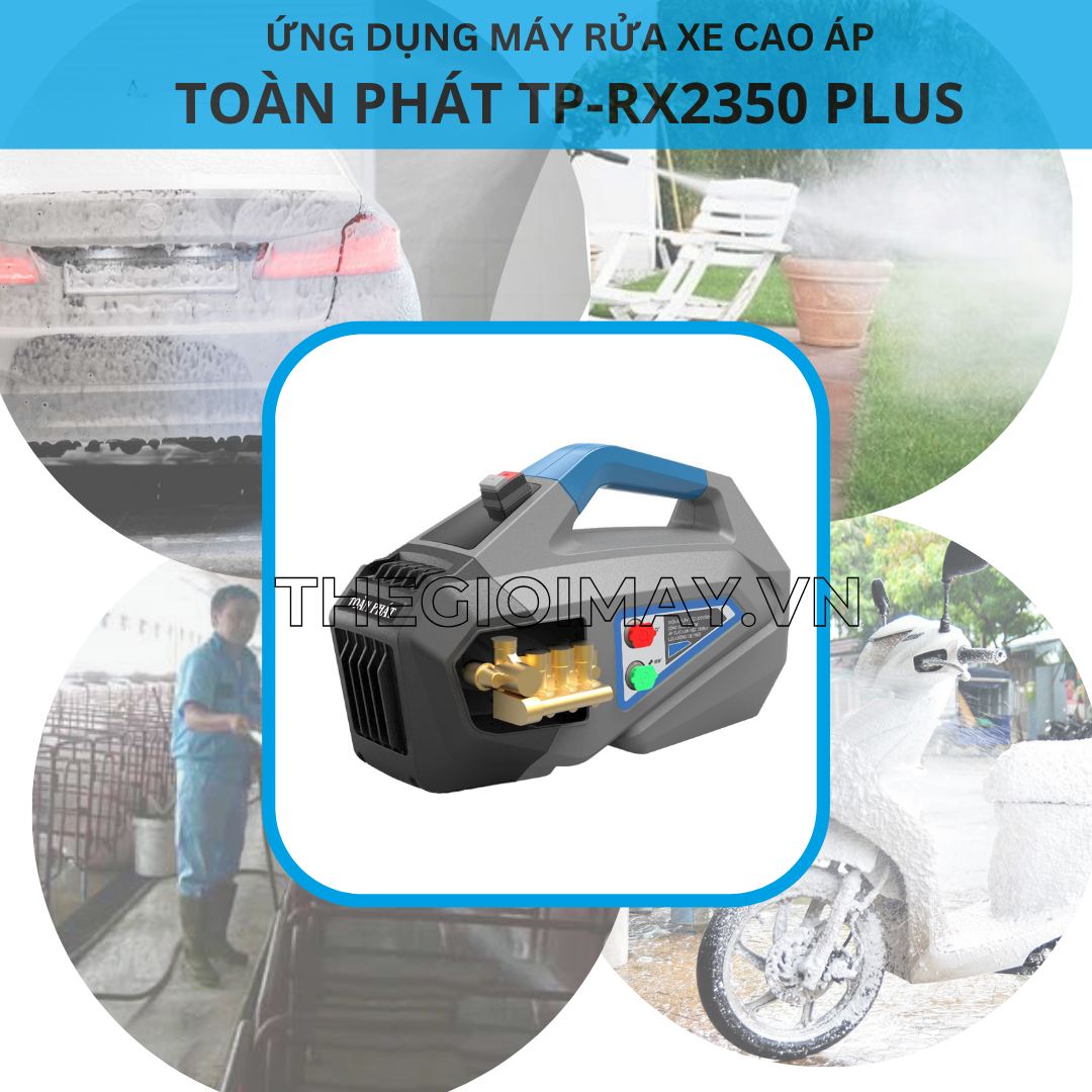 Máy rửa xe Toàn Phát TP-RX2350 PLUS được ứng dụng trong nhiệu lĩnh vực khác nhau như: xịt rửa sân vườn, xịt rửa xe máy, xe ô tô, xịt rửa nhà xưởng,...