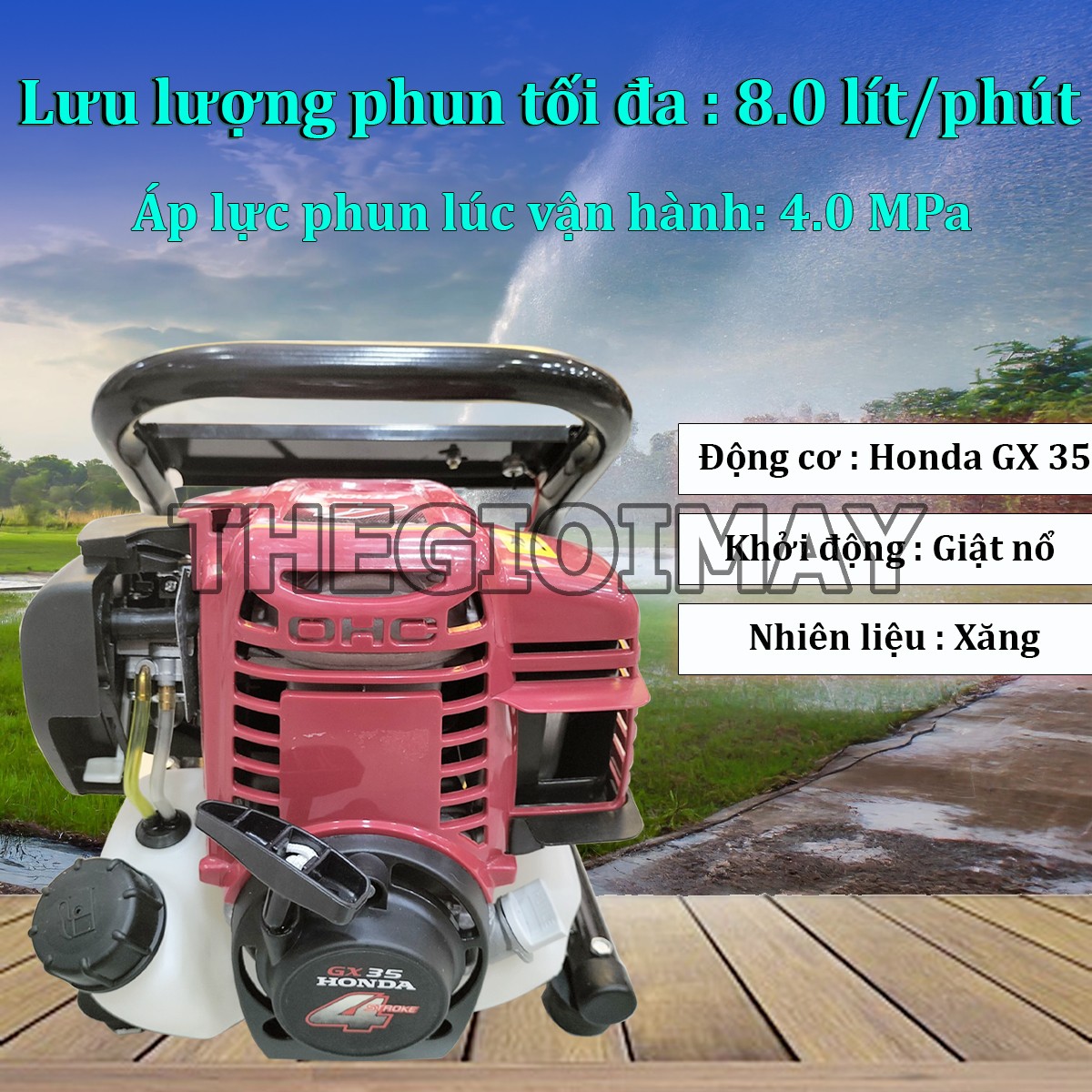 Máy phun thuốc chạy xăng Turbo TB140 lưu lượng nước tối đa lên đến 8 lít trên phút