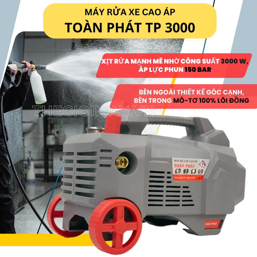 Máy rửa xe cao áp Toàn Phát TP 3000 luôn chiếm ưu thế hơn so với các dòng máy rửa xe trên thị trường: máy có thiết kế nổi bật với mô-tơ 100% lõi đồng, áp lực mạnh lên đến 150 bar cho ra khả năng xịt rửa vô cùng mạnh mẽ.