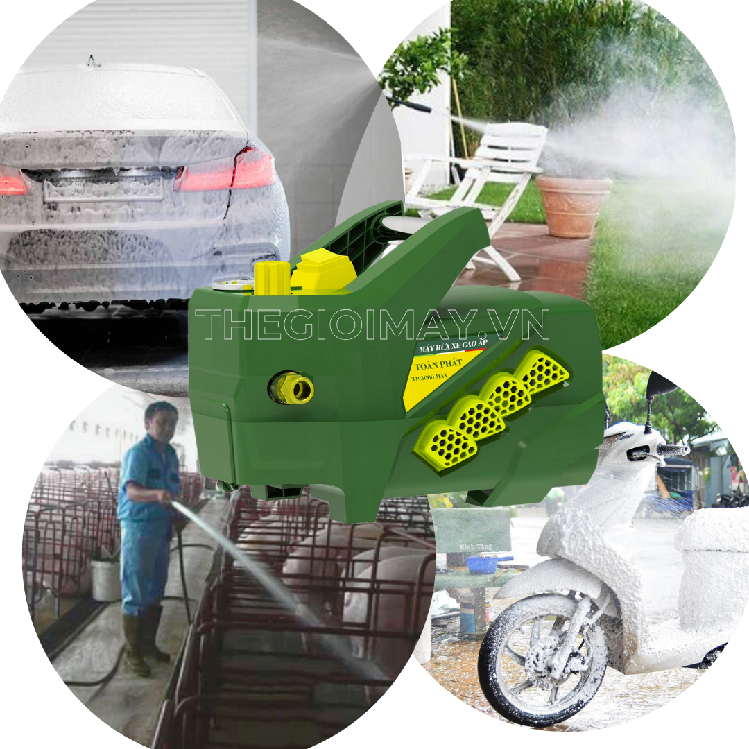 Máy rửa xe Toàn Phát TP 3000 Max được ứng dụng rộng rãi trong đời sống hằng ngày như xịt rửa xe số, xịt rửa sân vườn, chuồng trại, tưới cây trong vườn.