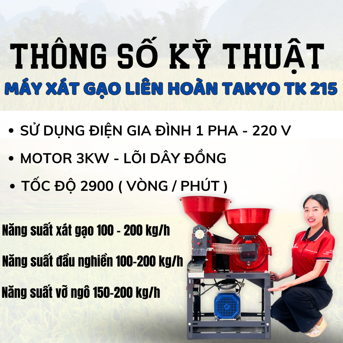 Thông số kỹ thuật máy xát gạo TAKYO TK 215