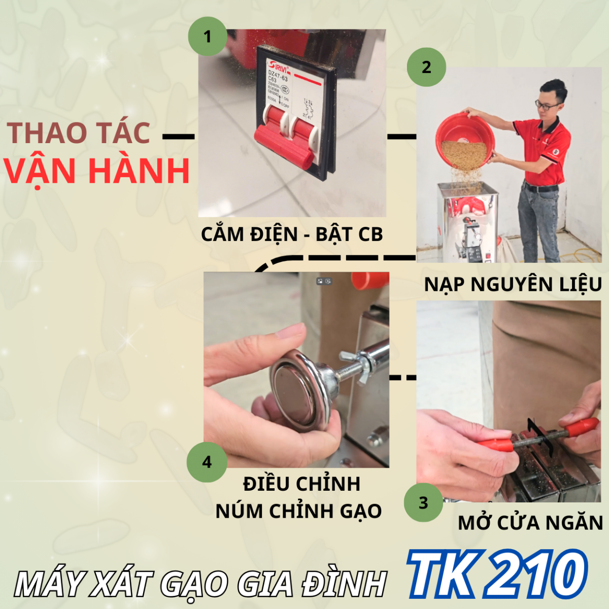 Các bước để xát gạo trắng trên máy xát gạo Takyo TK 210