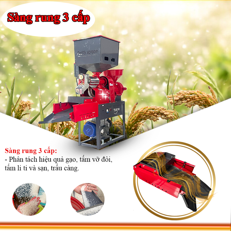 Sàng rung của máy xay xát gạo nhỏ gọn Takyo TK 220 CRP Với sàng rung 3 cấp được cắt CNC chính xác từng lỗ, thiết kế hướng nghiêng xuống giúp bà con dễ dàng thu thành phẩm, với sàng rung 3 cấp, lớp thứ nhất bà con sẽ thu được những hạt gạo nguyên, còn lớp thứ hai sẽ thu được tấm vỡ đôi, vỡ ba và lớp cuối cùng là bà con sẽ thu được sạn, hạt tấm li ti và trấu càng. Nhờ vào sàng rung 3 cấp giúp bà con phân tách được gạo, tấm, sạn được dễ dàng hơn.