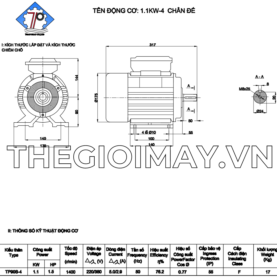 Thông số kỹ thuật của motor 3 pha Toàn Phát 1.1 kW 1500 vòng/phút Thương hiệu motor: Toàn Phát.  Công suất: 1.1 kW, 1.5 HP.  Tốc chậm: 1500 vòng/phút.  Cấp cách điện: F.  Cấp bảo vệ: IP55.  Tiêu chuẩn sản xuất: TCVN 6627-1:2014.  Dòng điện: 2.9 A.  Nguồn điện: 3 pha ( 380V).  Tần số: 50 Hz.  Trọng lượng motor: 17 Kg.  Đường kính trục: 24 mm.  Thời gian bảo hành: 12 tháng.  Loại bảo hành: Bảo hành nhà sản xuất.