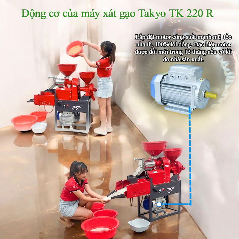 Công suất mạnh mẽ: Với công suất lên đến 3KW – 4HP, tốc độ quay 2900 vòng/phút, máy xát gạo gia đình Takyo TK 220 R đạt năng suất từ 100 – 300 kg/h, đáp ứng nhu cầu sử dụng của nhiều hộ gia đình và hộ kinh doanh chăn nuôi.