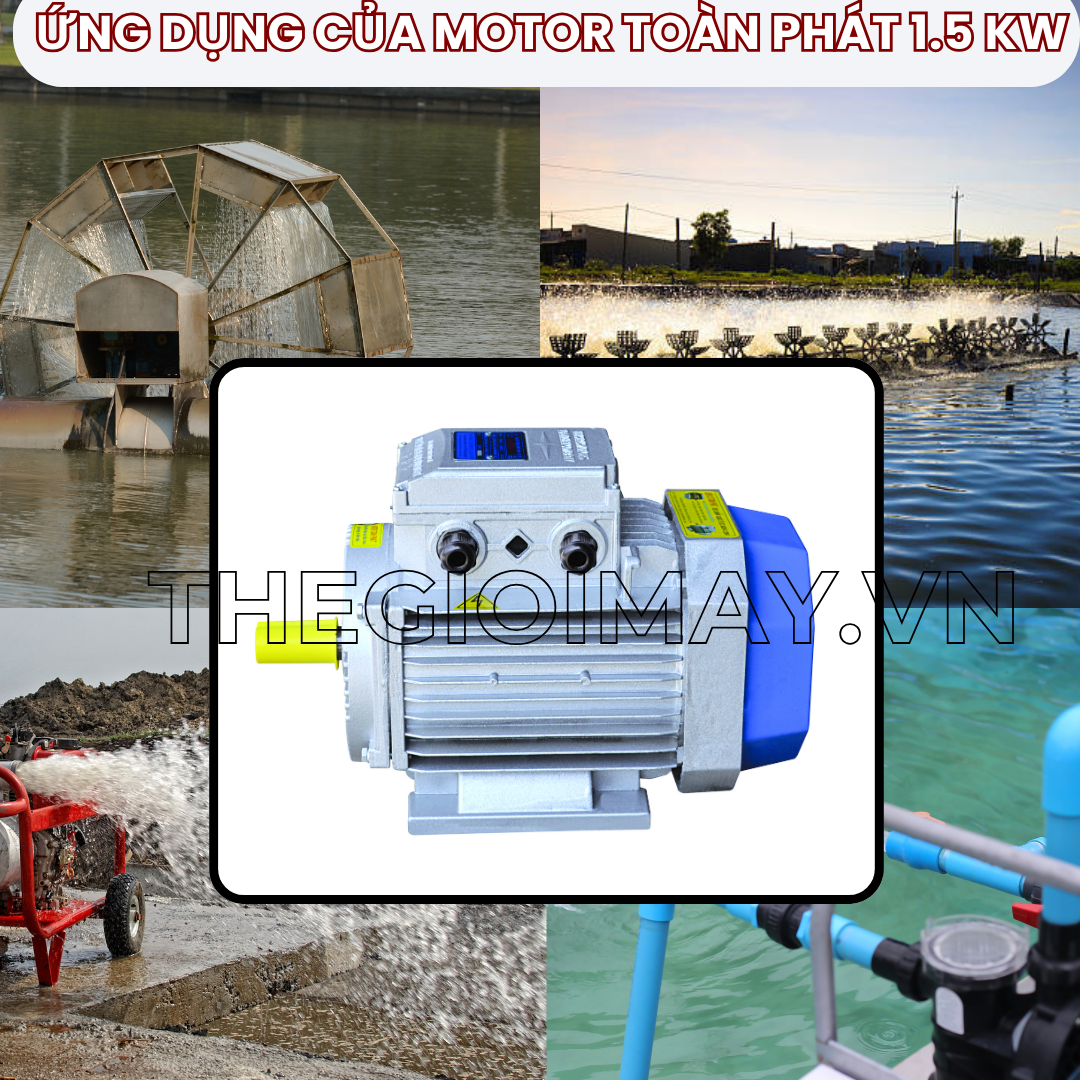 Ứng dụng motor Toàn Phát 1.5 kW 1490 vòng/phút trong thủy sản, làm động cơ cho máy sục khí nuôi thủy sản, quạt ly tâm máy sục khí nuôi hải sản, bơm đẩy cao