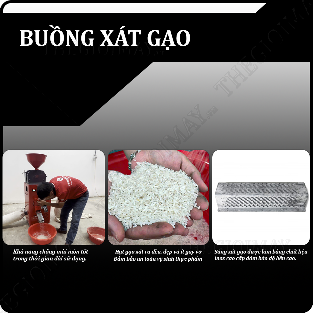 Buồng xát của máy xát gạo Takyo TK 250 được làm bằng chất liệu inox chất lượng cao đảm bảo độ bền và khả năng chống mài mòn tốt trong thời gian dài sử dụng.