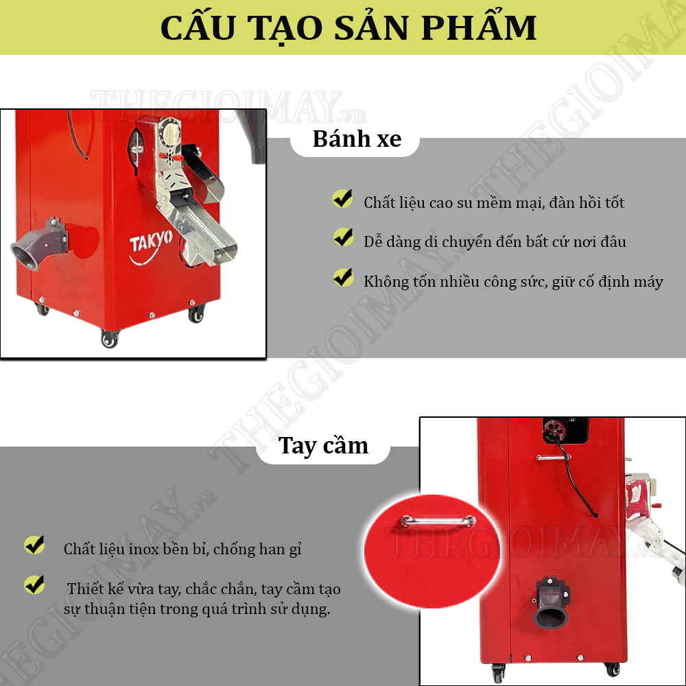 Máy xát gạo mini Takyo TK 250 CP được trang bị 4 bánh xe cao su chắc chắn và 2 tay cầm inox