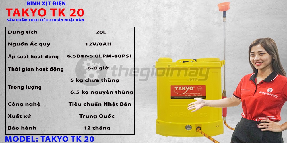 Thông số kỹ thuật bình phun thuốc bằng điện TAKYO TK 20