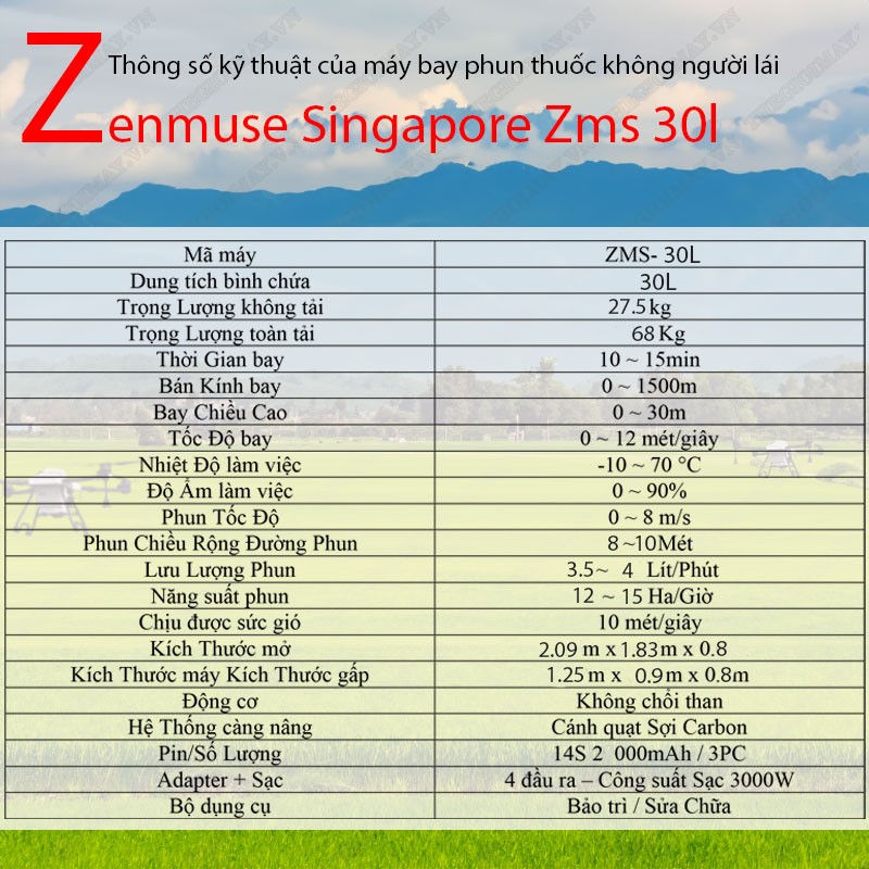 Thông số kỹ thuật của máy bay phun thuốc không người lái Zenmuse Singapore Zms 30l