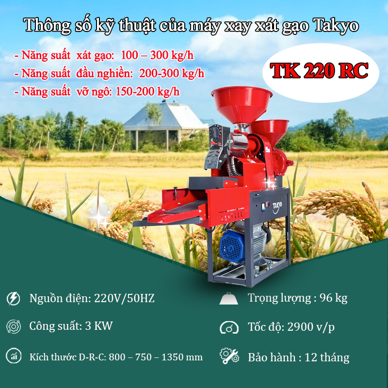 Thông số kỹ thuật của máy xay xát gạo gia đình Takyo TK 220 CR