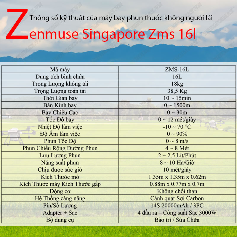 Thông số kỹ thuật của máy bay phun thuốc không người lái Zenmuse Singapore Zms 16l
